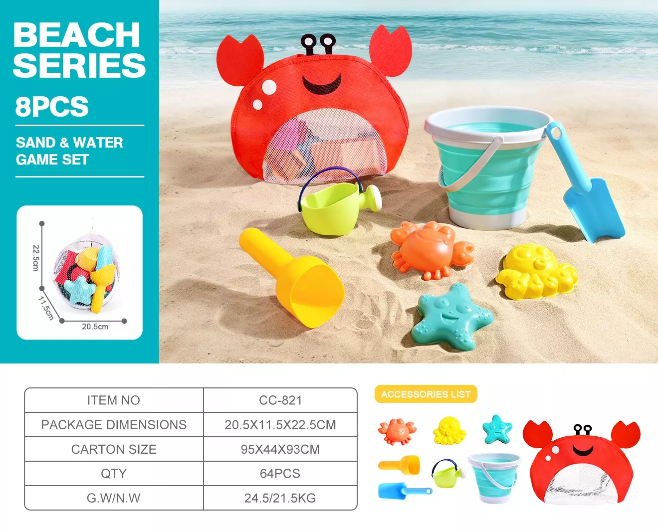 KIT DE JUGUETES DE PLAYA Y ARENA CON BALDE PLEGABLE, BOLSO DISEÑO DE CANGREJO